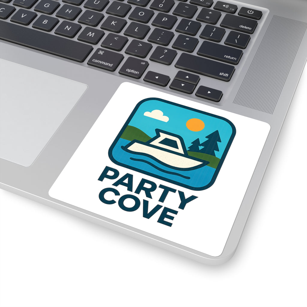 Party Cove Boat Sticker — Square Waterproof Sticker with Lakeside Cabin Design