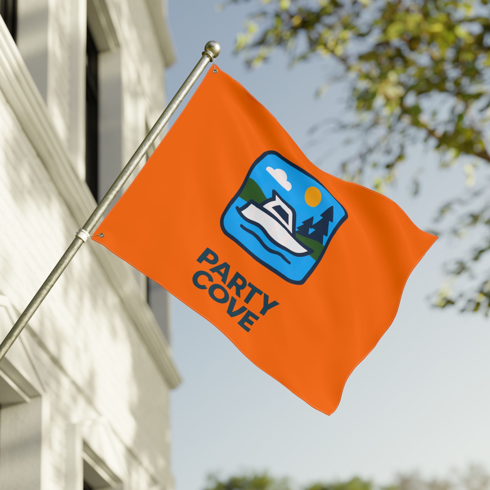 Neon Orange Double-Sided Flag — 'Party Cove' Boat Design & 'Boat. Drink. Repeat.' Flag