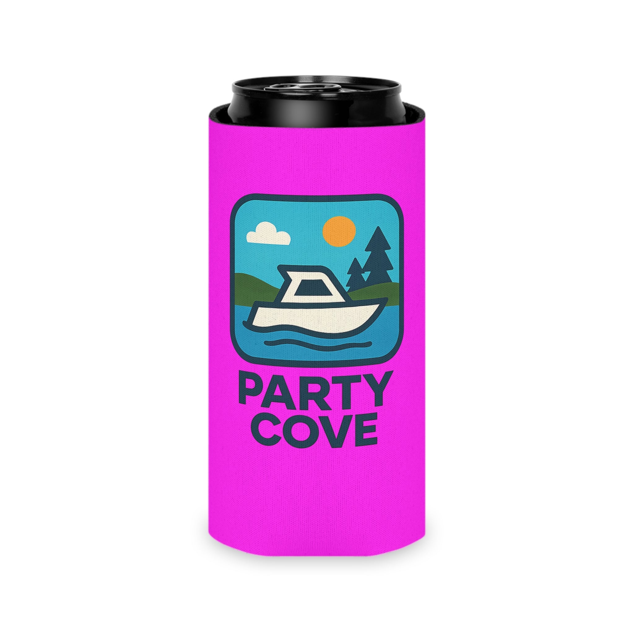 Neon Pink Can Cooler - 'Party Cove' Boat Drink Koozie (Boat. Drink. Repeat.)