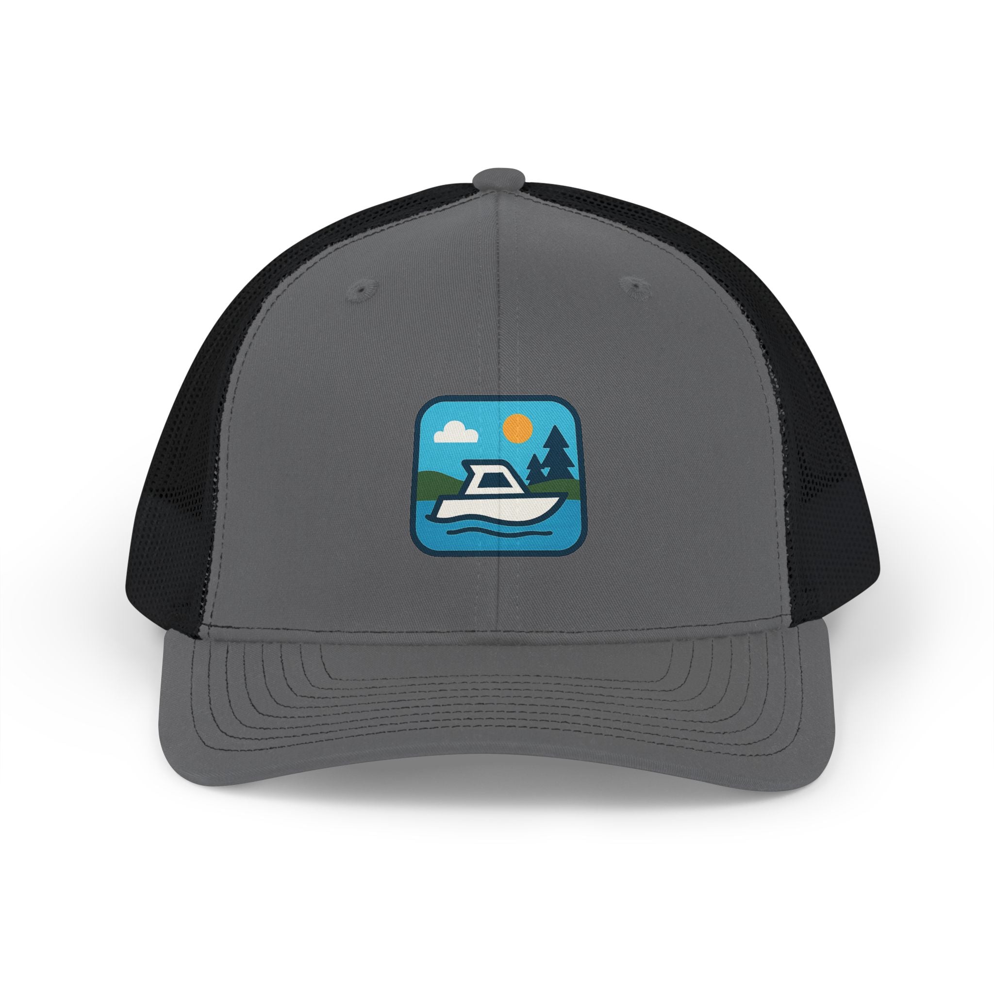Boat Patch Trucker Cap — Embroidered Lake & Sun Snapback Hat