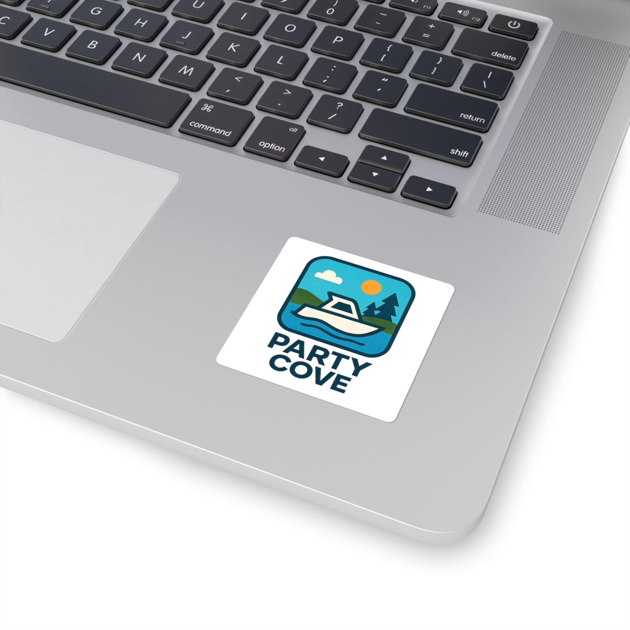 Party Cove Boat Sticker — Square Waterproof Sticker with Lakeside Cabin Design