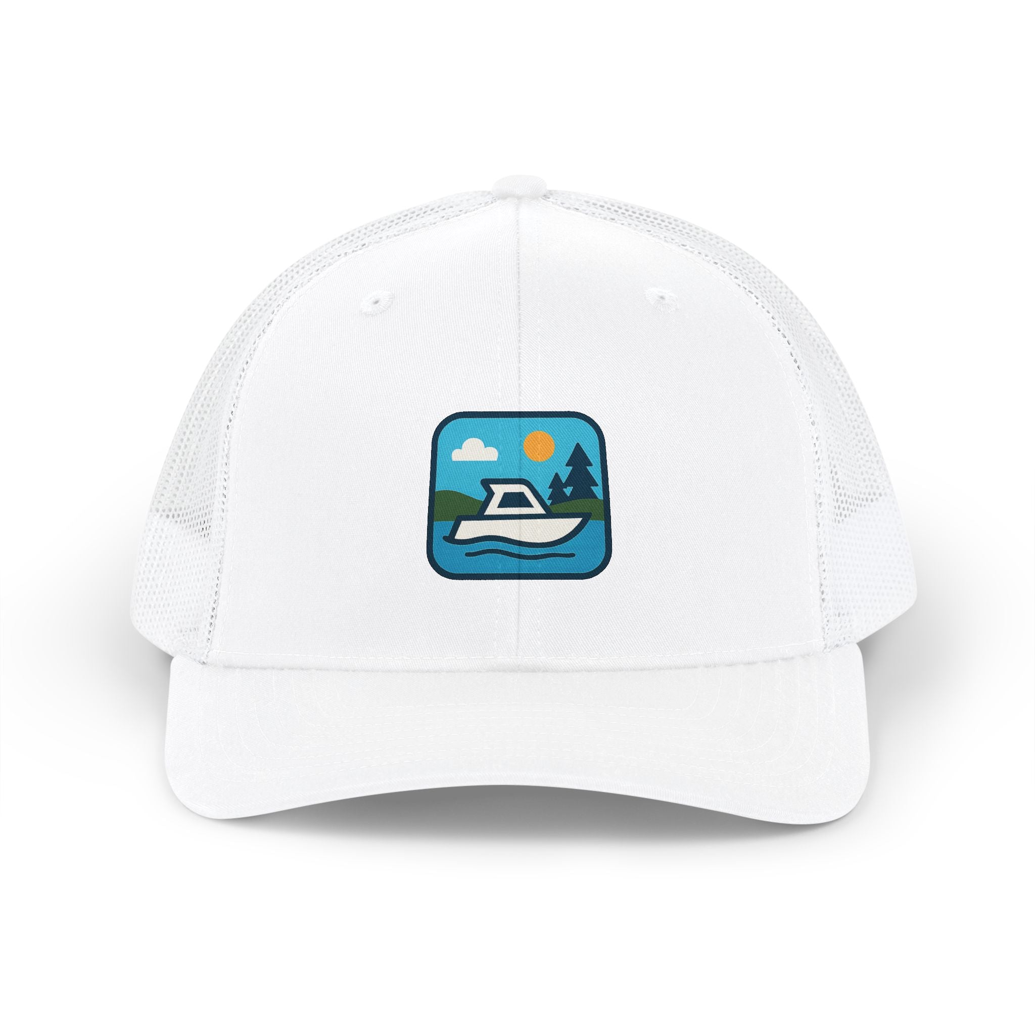 Boat Patch Trucker Cap — Embroidered Lake & Sun Snapback Hat