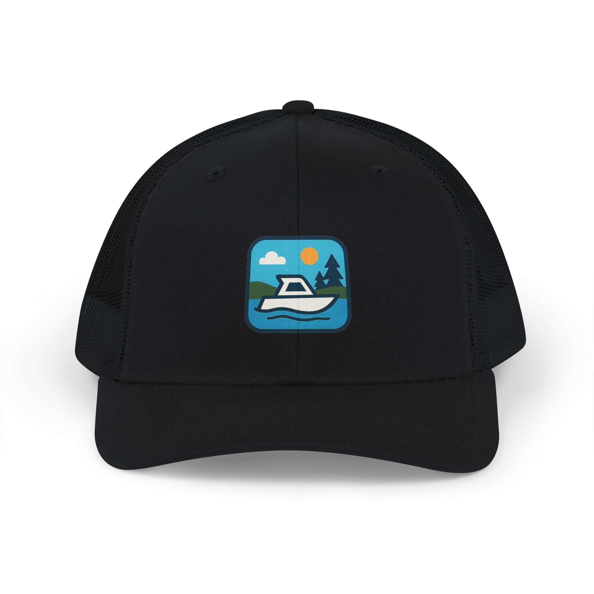 Boat Patch Trucker Cap — Embroidered Lake & Sun Snapback Hat