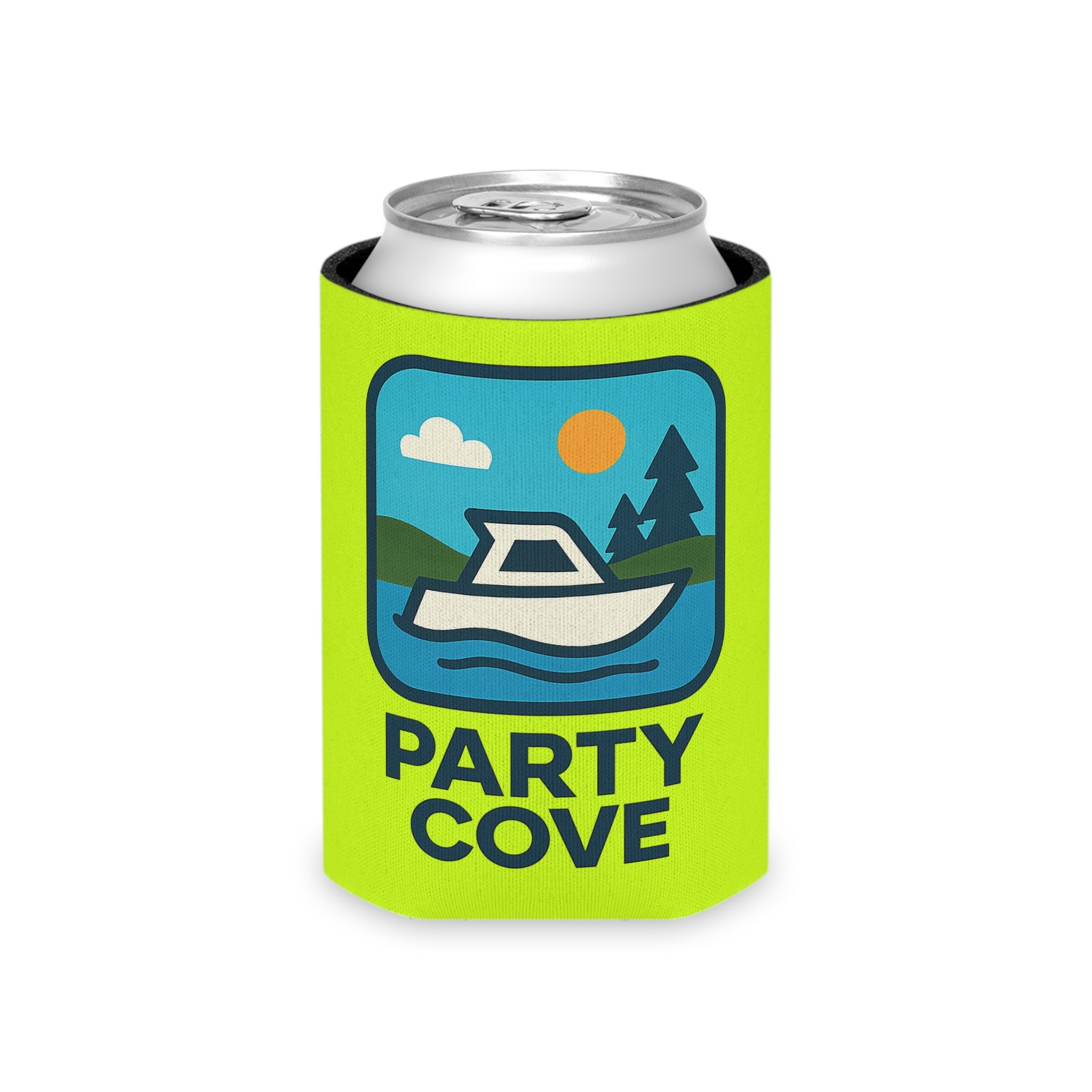 Neon Yellow Can Cooler - 'Party Cove' Boat Drink Koozie (Boat. Drink. Repeat.)