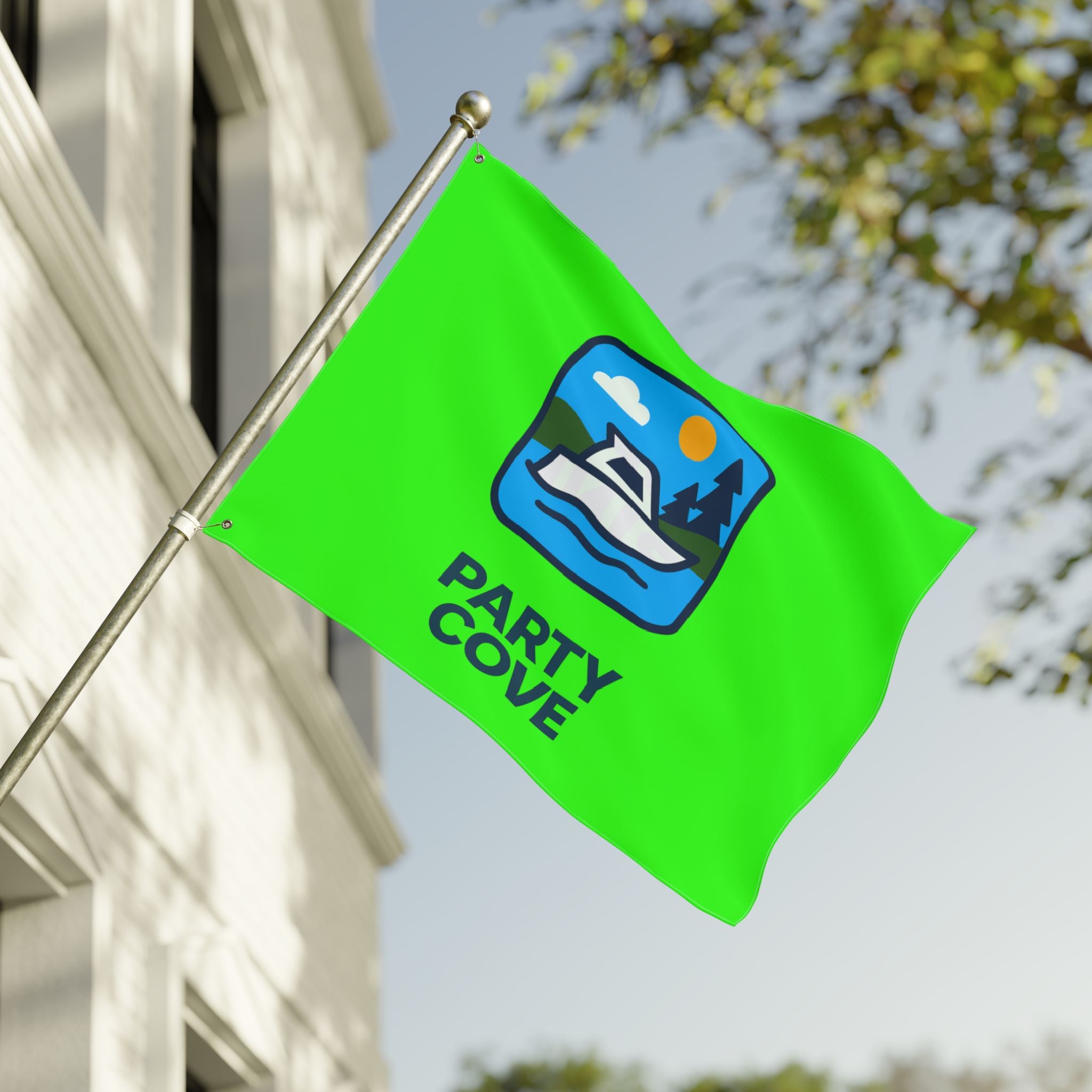 Neon Green Double-Sided Flag — 'Party Cove' Boat Design & 'Boat. Drink. Repeat.' Flag