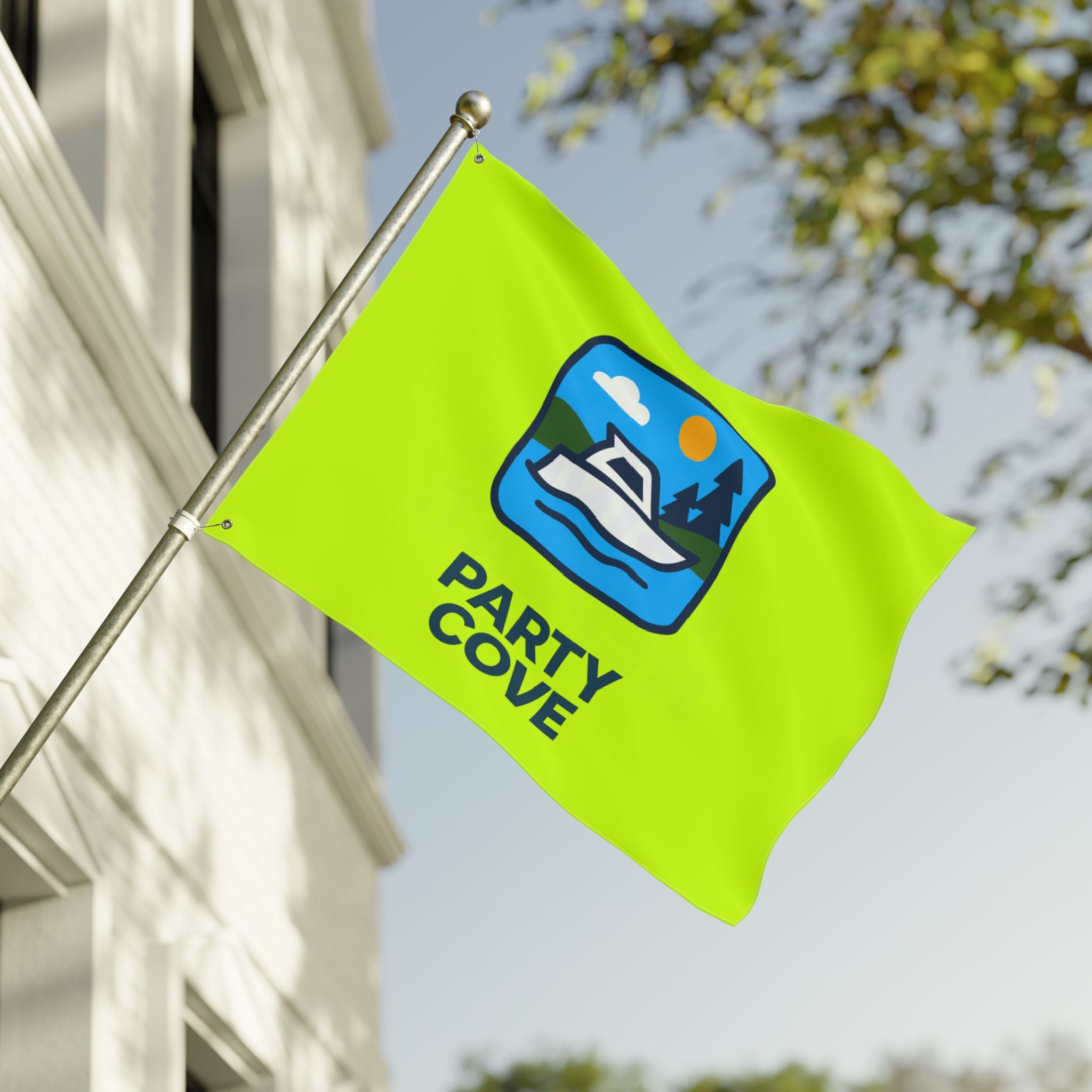 Neon Yellow Double-Sided Flag — 'Party Cove' Boat Design & 'Boat. Drink. Repeat.' Flag