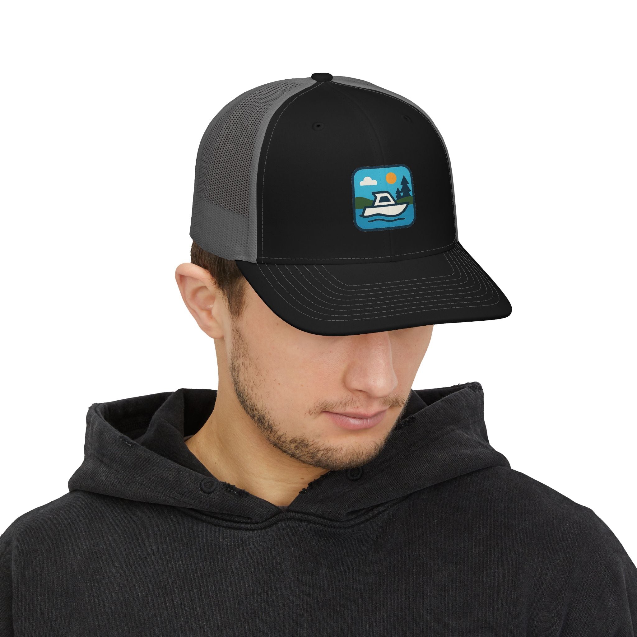 Boat Patch Trucker Cap — Embroidered Lake & Sun Snapback Hat