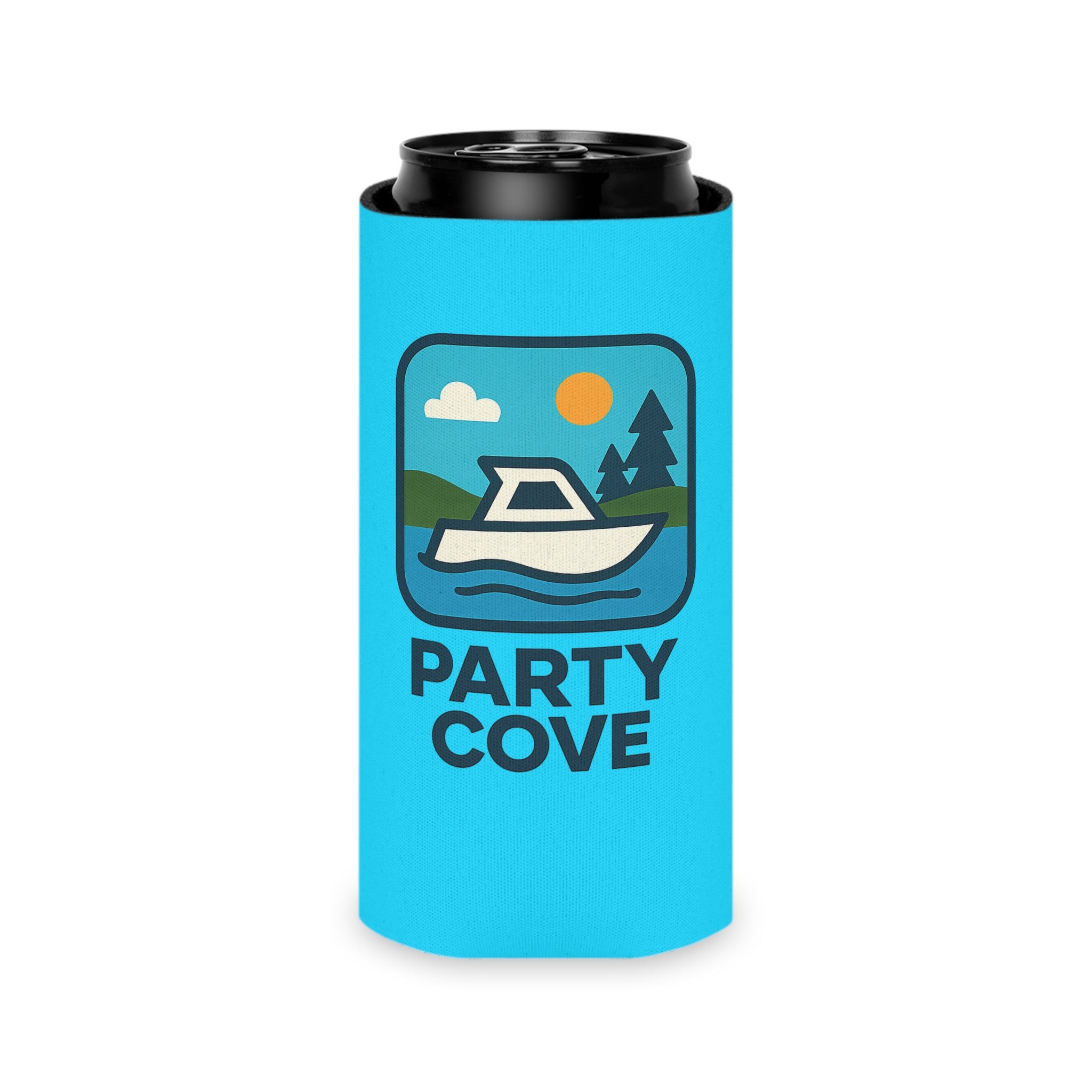 Neon Blue Can Cooler - 'Party Cove' Boat Drink Koozie (Boat. Drink. Repeat.)
