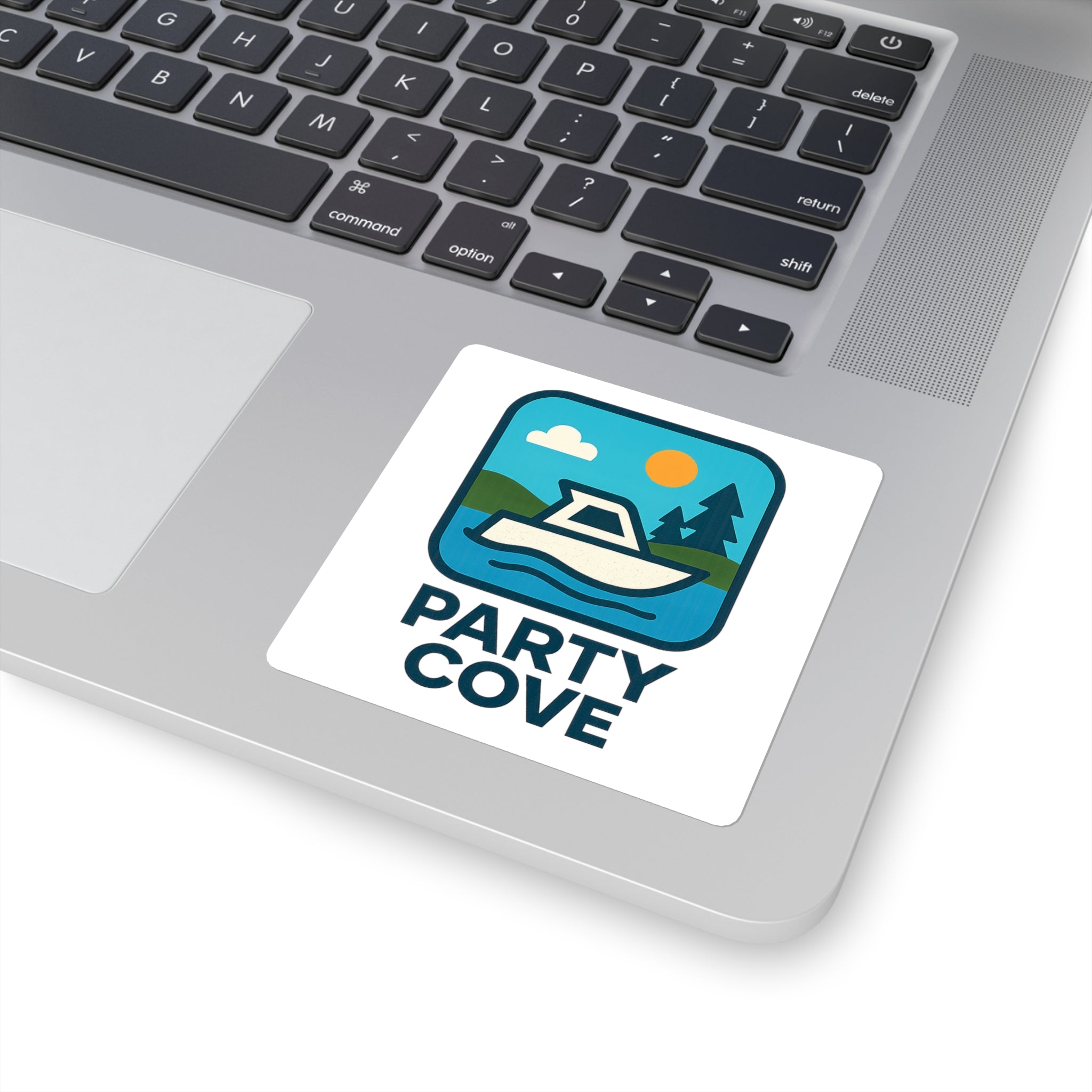 Party Cove Boat Sticker — Square Waterproof Sticker with Lakeside Cabin Design