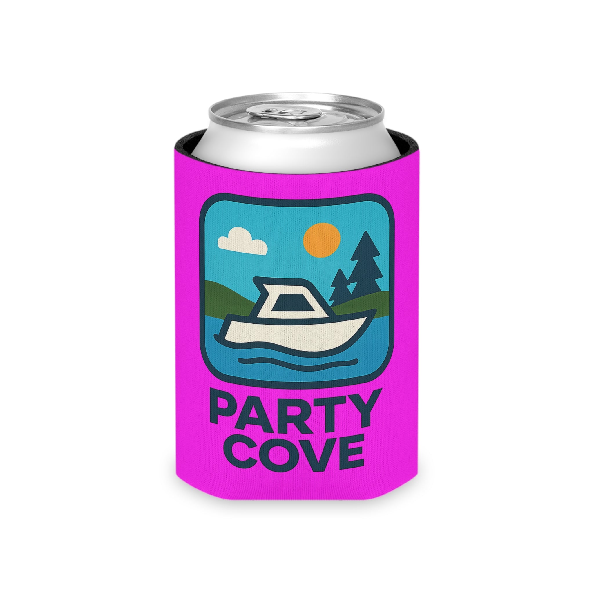 Neon Pink Can Cooler - 'Party Cove' Boat Drink Koozie (Boat. Drink. Repeat.)
