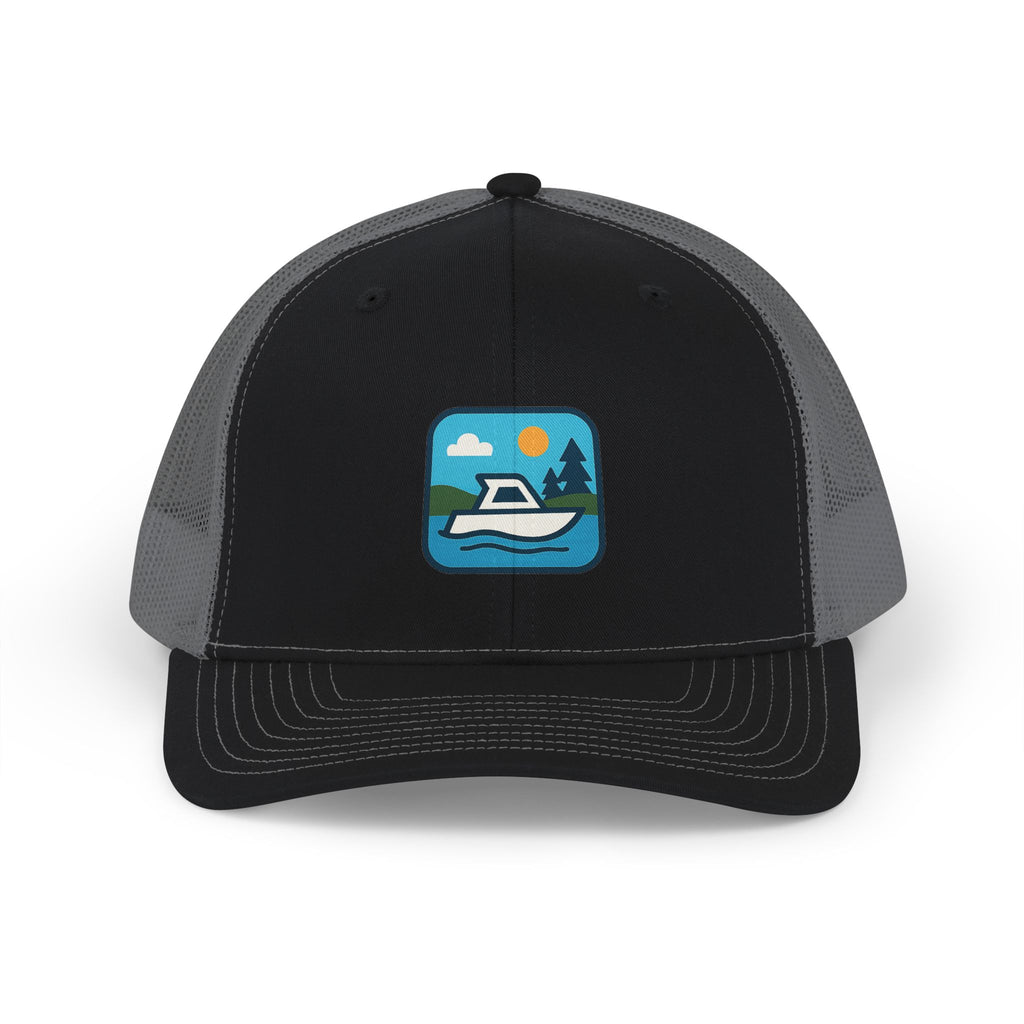 Boat Patch Trucker Cap — Embroidered Lake & Sun Snapback Hat