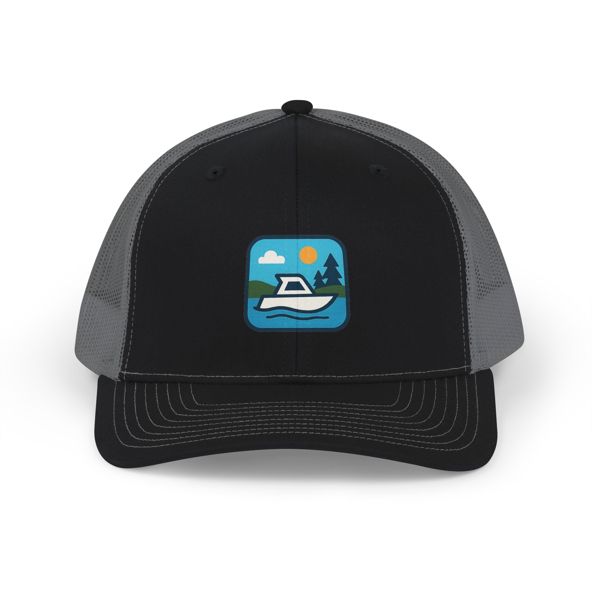 Boat Patch Trucker Cap — Embroidered Lake & Sun Snapback Hat