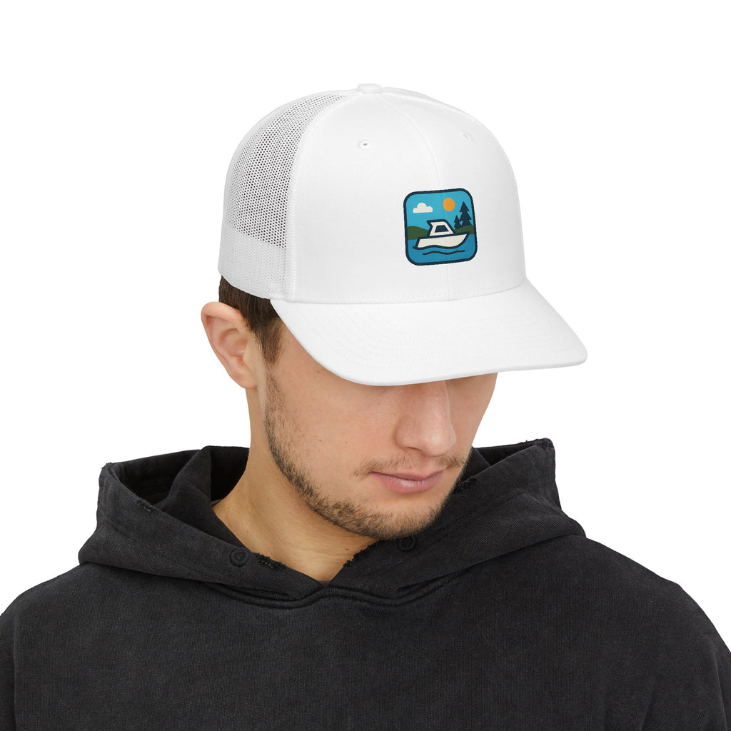 Boat Patch Trucker Cap — Embroidered Lake & Sun Snapback Hat