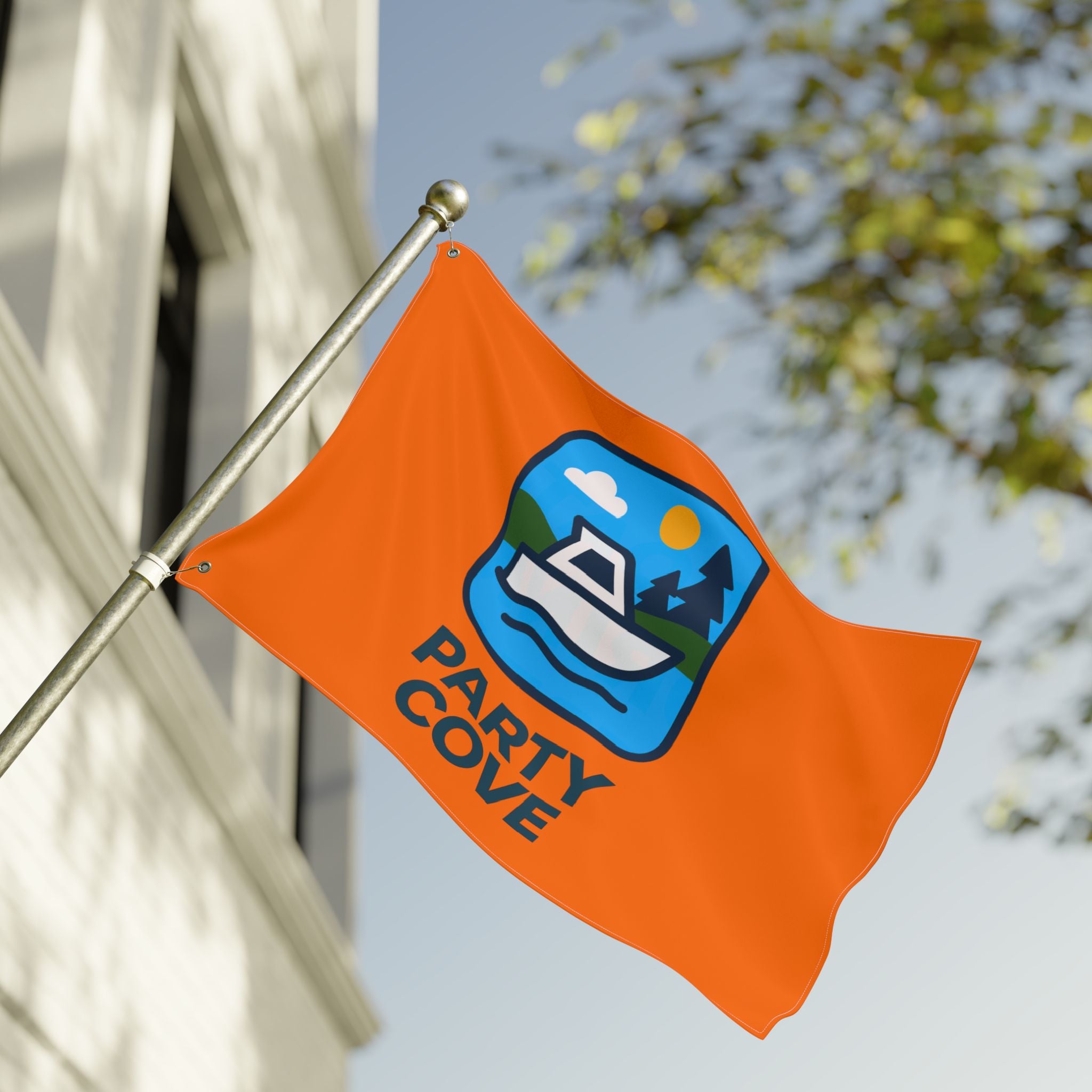 Neon Orange Double-Sided Flag — 'Party Cove' Boat Design & 'Boat. Drink. Repeat.' Flag