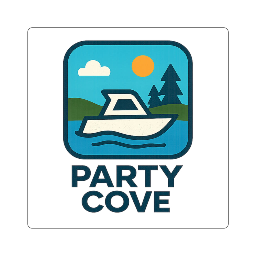Party Cove Boat Sticker — Square Waterproof Sticker with Lakeside Cabin Design