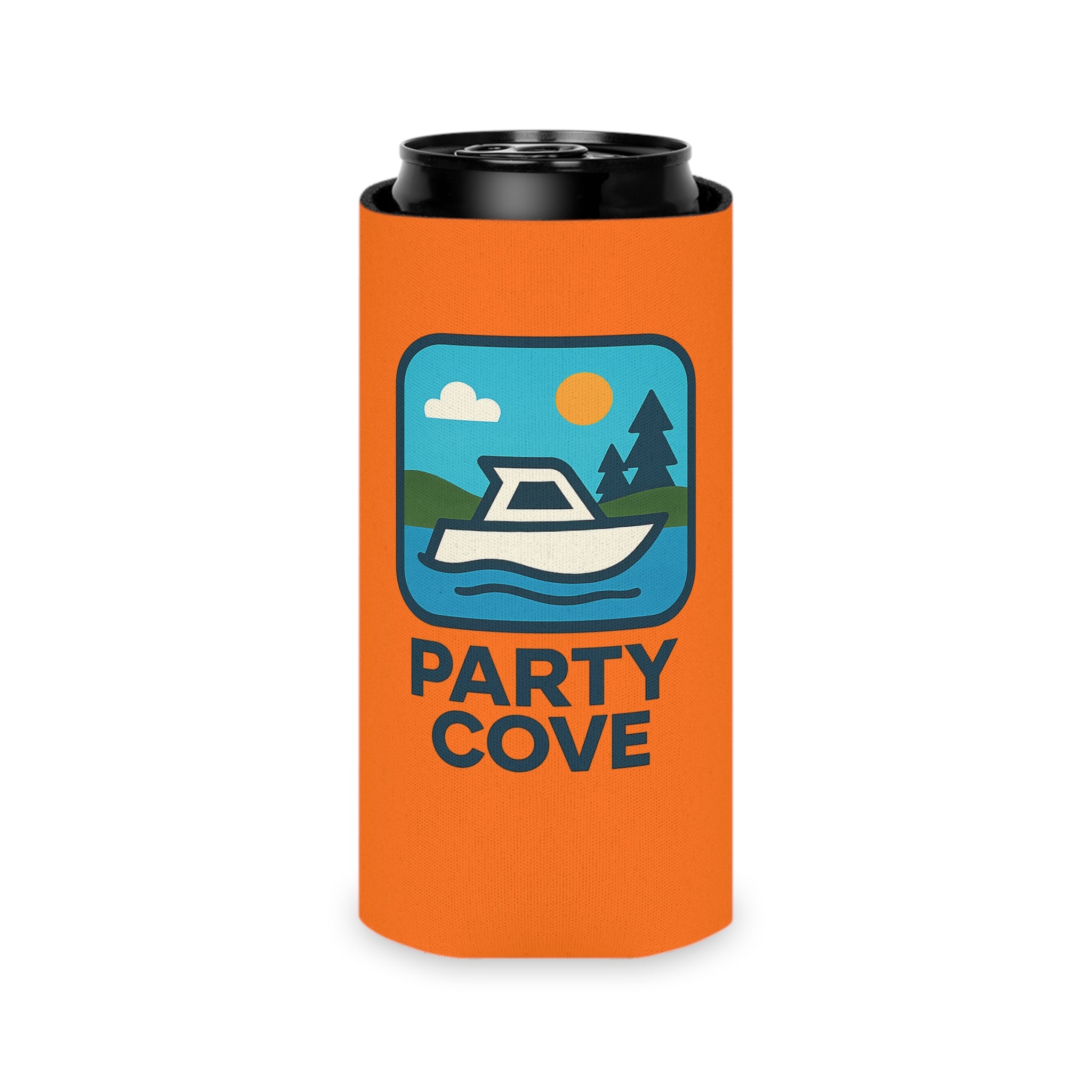 Neon Orange Party Can Cooler - 'Party Cove' Boat Drink Koozie (Boat. Drink. Repeat.)