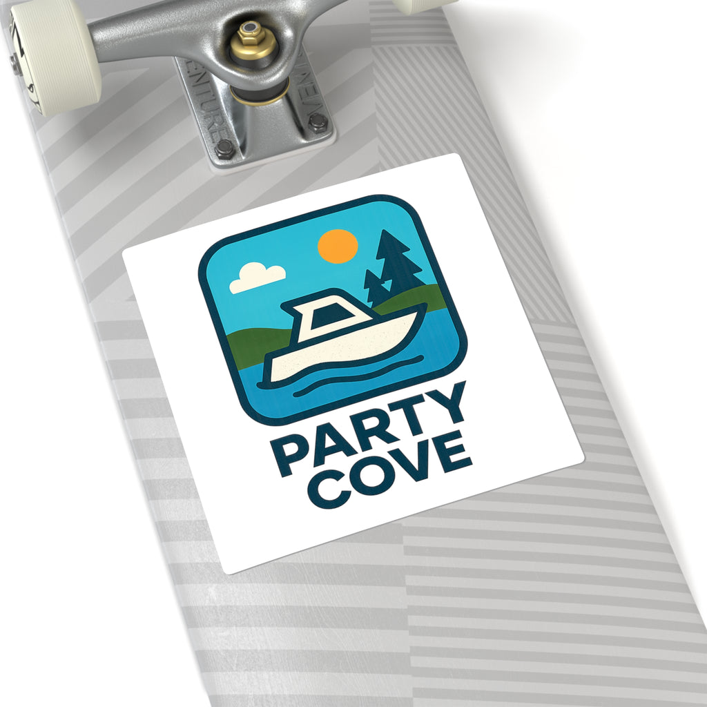 Party Cove Boat Sticker — Square Waterproof Sticker with Lakeside Cabin Design