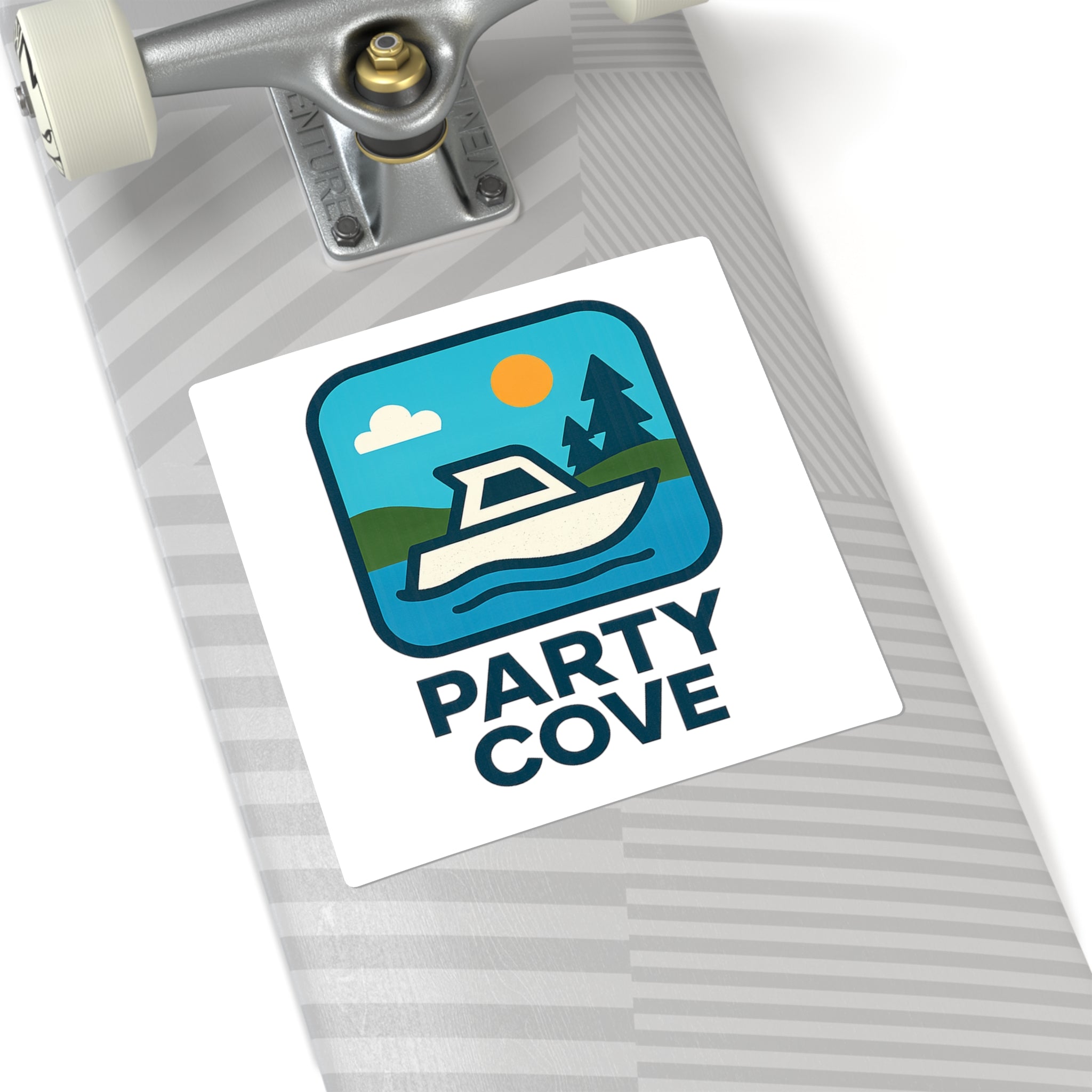 Party Cove Boat Sticker — Square Waterproof Sticker with Lakeside Cabin Design