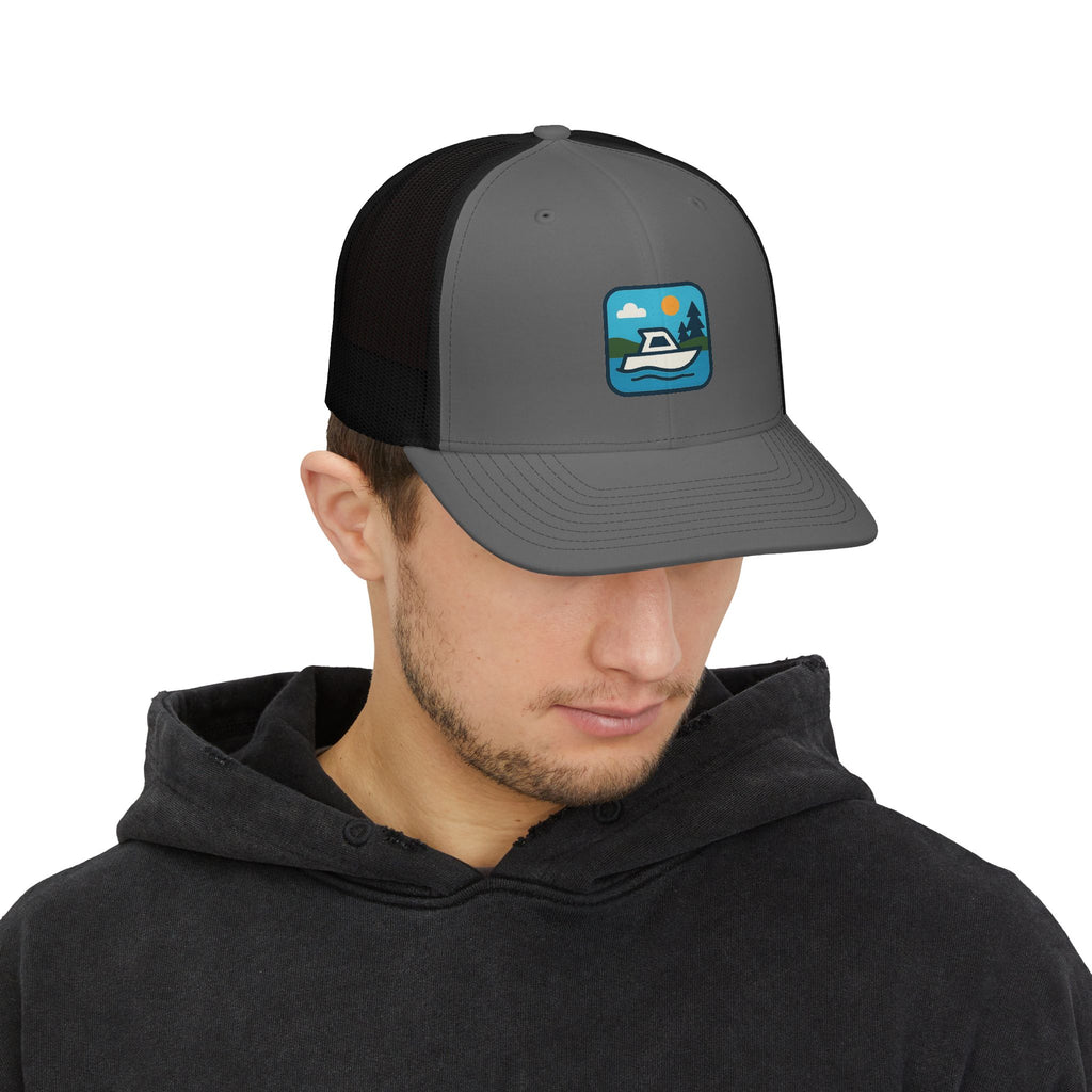 Boat Patch Trucker Cap — Embroidered Lake & Sun Snapback Hat