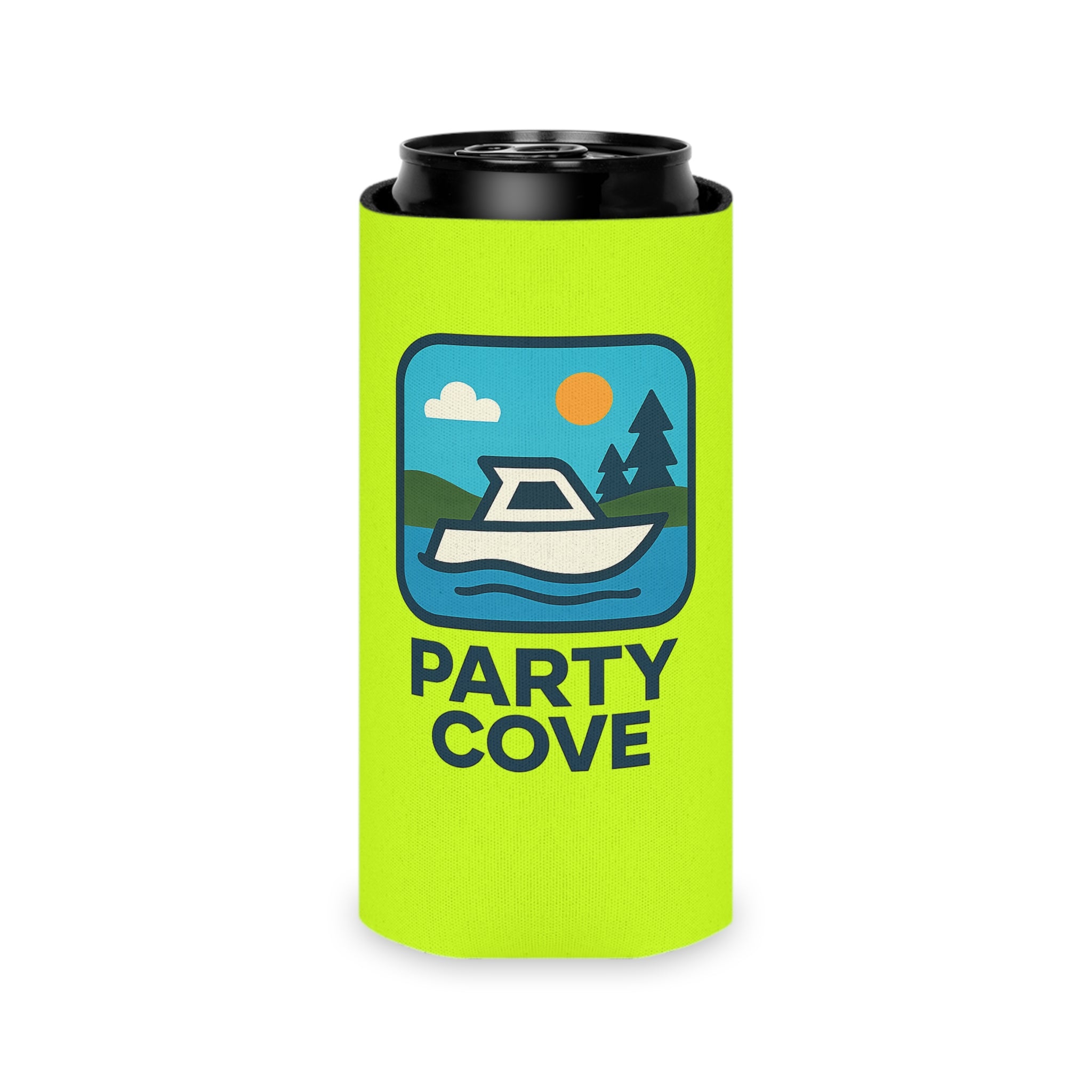 Neon Yellow Can Cooler - 'Party Cove' Boat Drink Koozie (Boat. Drink. Repeat.)