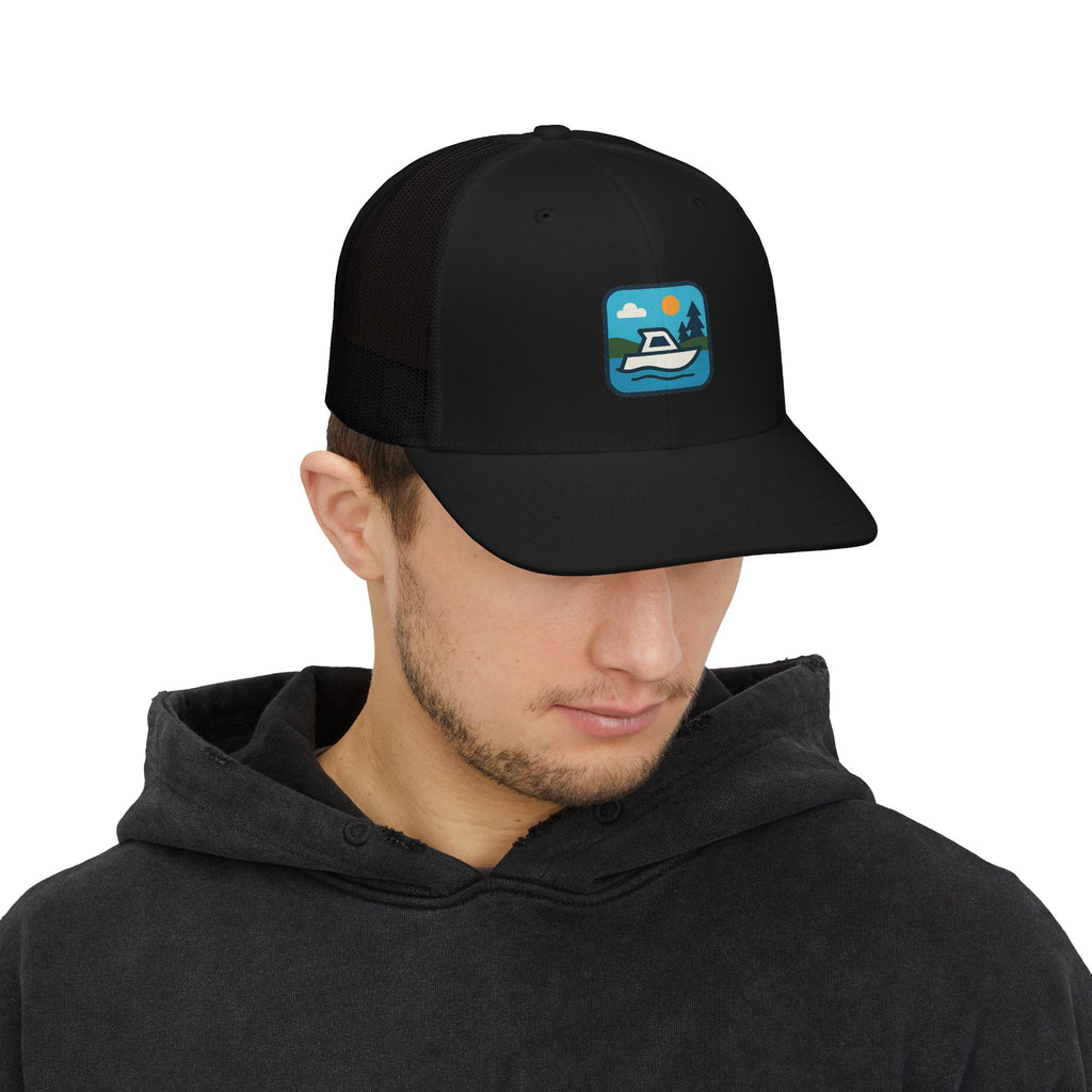 Boat Patch Trucker Cap — Embroidered Lake & Sun Snapback Hat