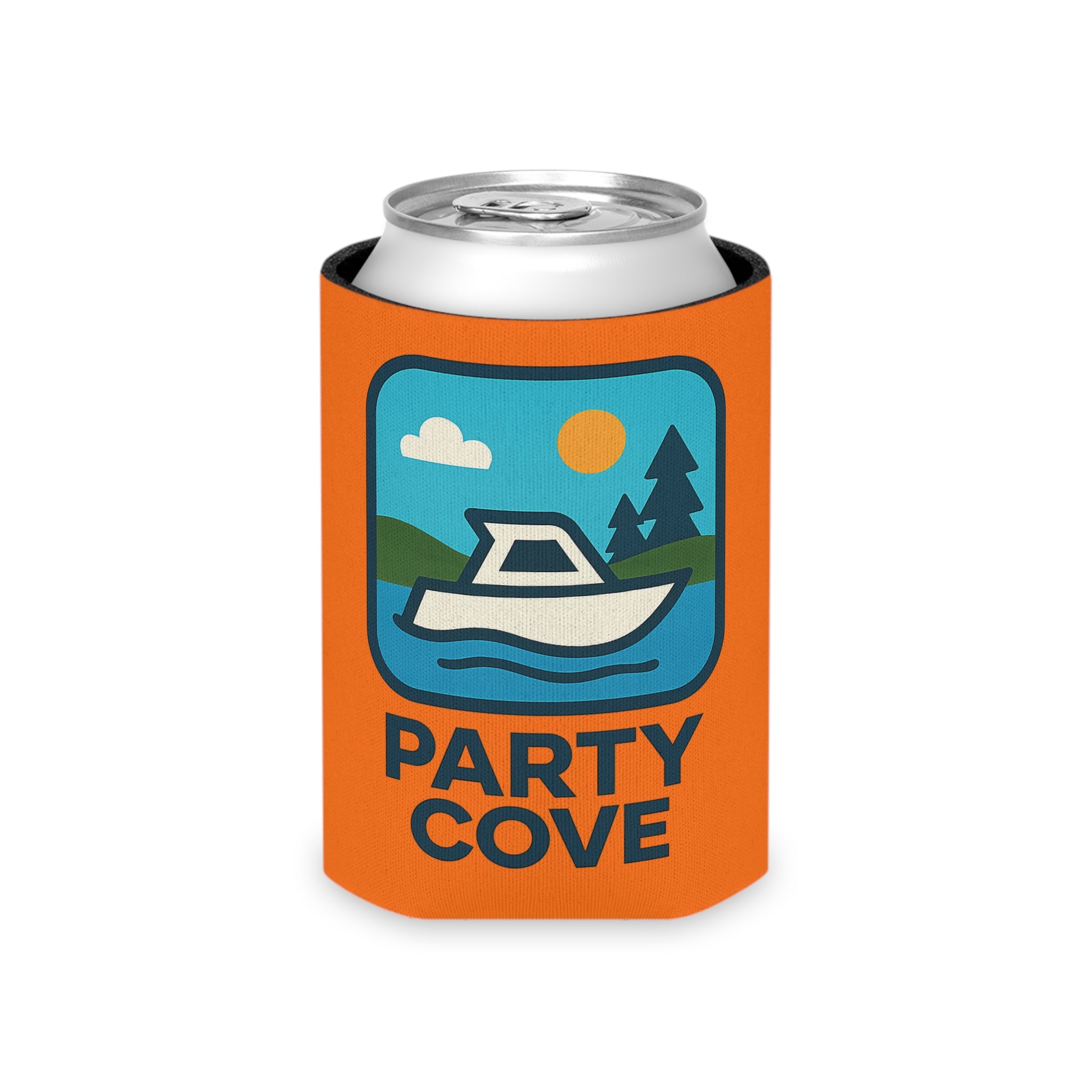 Neon Orange Party Can Cooler - 'Party Cove' Boat Drink Koozie (Boat. Drink. Repeat.)